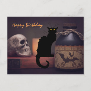Postal Aterrador gato negro y cráneo Halloween Feliz cump