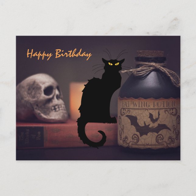 Postal Aterrador gato negro y cráneo Halloween Feliz cump (Anverso)