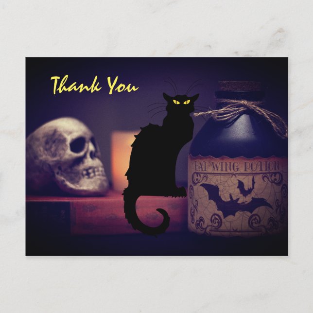 Postal Aterrador gato negro y Halloween con cráneo gracia (Anverso)