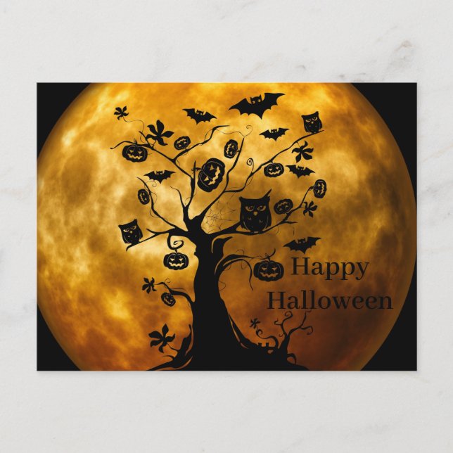 Postal Aterradora noche de Halloween con lechuzas (Anverso)