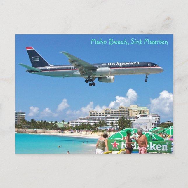 Postal Aterrizaje de avión sobre Maho Beach, Sint Maarten (Anverso)