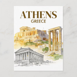 Postal Athens Greece Acropolis Watercolor Sketch Travel