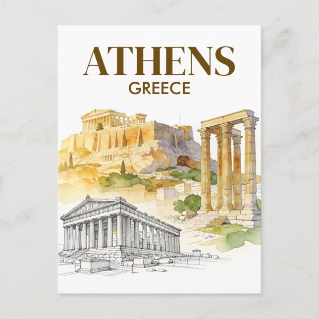 Postal Athens Greece Acropolis Watercolor Sketch Travel (Anverso)