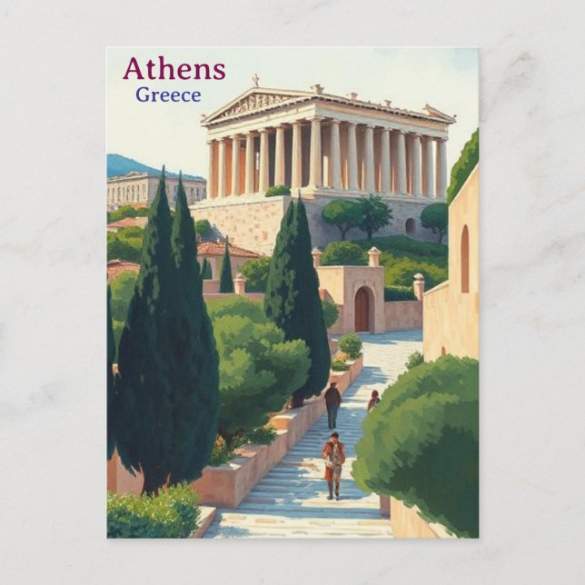 Postal Athens Greece Gouache Paint Illustration Travel (Anverso)