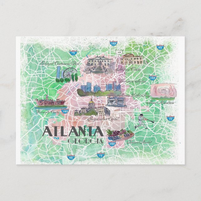 Postal Atlanta Georgia USA Mapa ilustrado (Anverso)