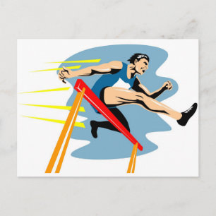 Postal atleta de pista y campo saltando obstáculos