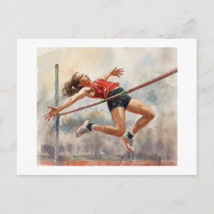 Postal Atleta superando la barra de salto de altura, 