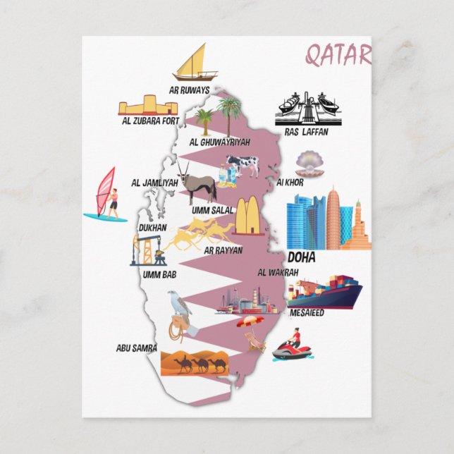 Postal Atracciones turísticas en el Mapa de Qatar (Anverso)