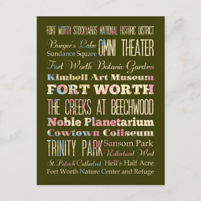 Postal Atracciones y Famosos Lugares de Fort Worth, Texas (Anverso)