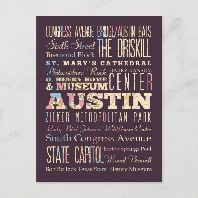Postal Atracciones y lugares famosos de Austin, Tejas (Anverso)