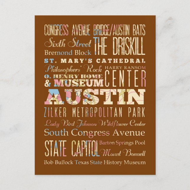 Postal Atracciones y lugares famosos de Austin, Texas. (Anverso)