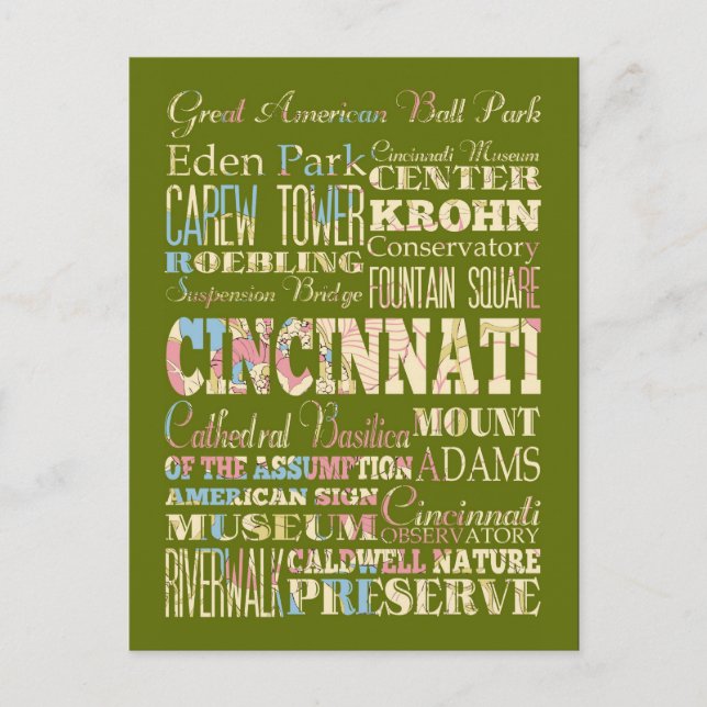 Postal Atracciones y lugares famosos de Cincinnati, Ohio. (Anverso)