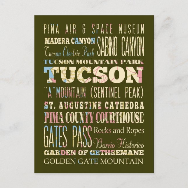 Postal Atracciones y lugares famosos de Tucson, Arizona. (Anverso)