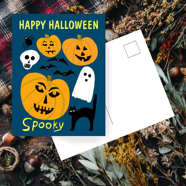 Postal Atractivo Bat FAPPY HALLOWEEN (Charming Funny Pumpkins Ghost Bat HAPPY HALLOWEEN Cute Hand-drawn Postcard
)