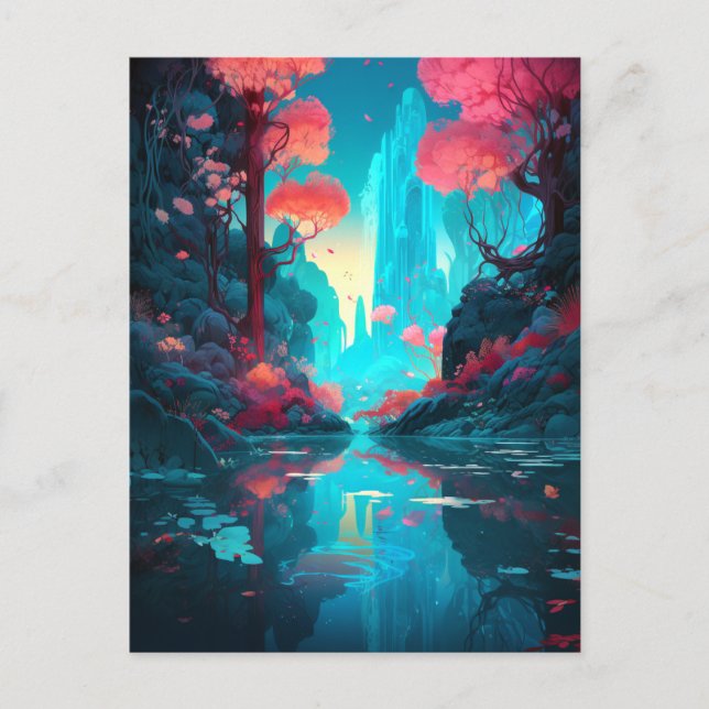 Postal Atractivo paisaje Bosque Pink Blue Postcard (Anverso)