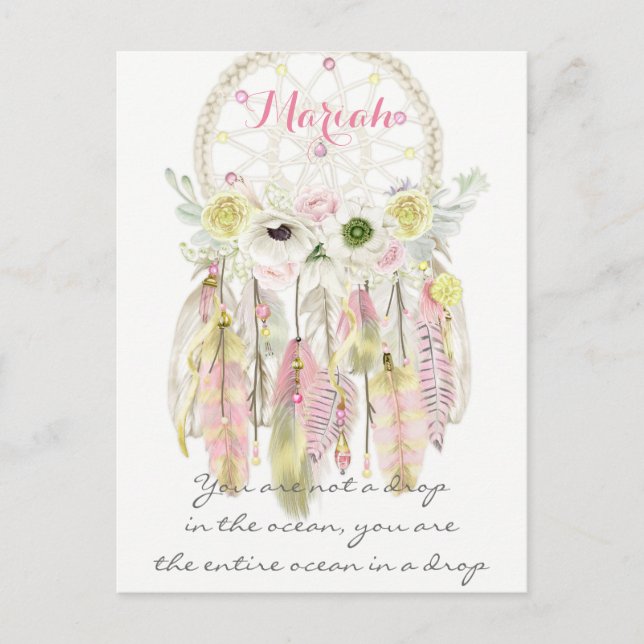 Postal Atrapasueños tribal boho plumas flores nativo (Anverso)
