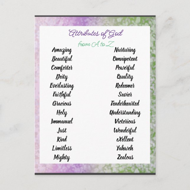 Postal Atributos de Dios de A a Zed (Anverso)