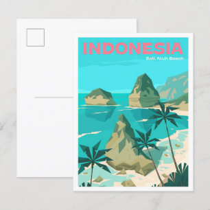 Postal Atuh Beach Bali Art Vintage Ilustracion Viaje