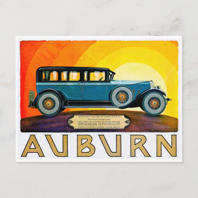 Postal Auburn ~ Anuncio de vagón de motor de época (Anverso)