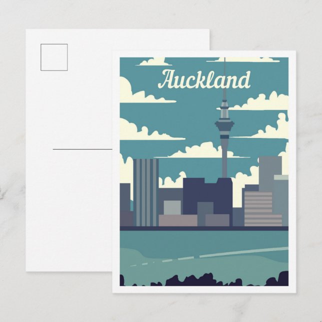 Postal Auckland Ilustracion de viajes de arte de Nueva Ze (Anverso / Reverso)