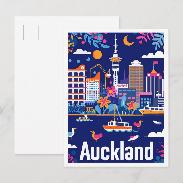 Postal Auckland Ilustracion de Viajes de Nueva Zelanda (Anverso / Reverso)