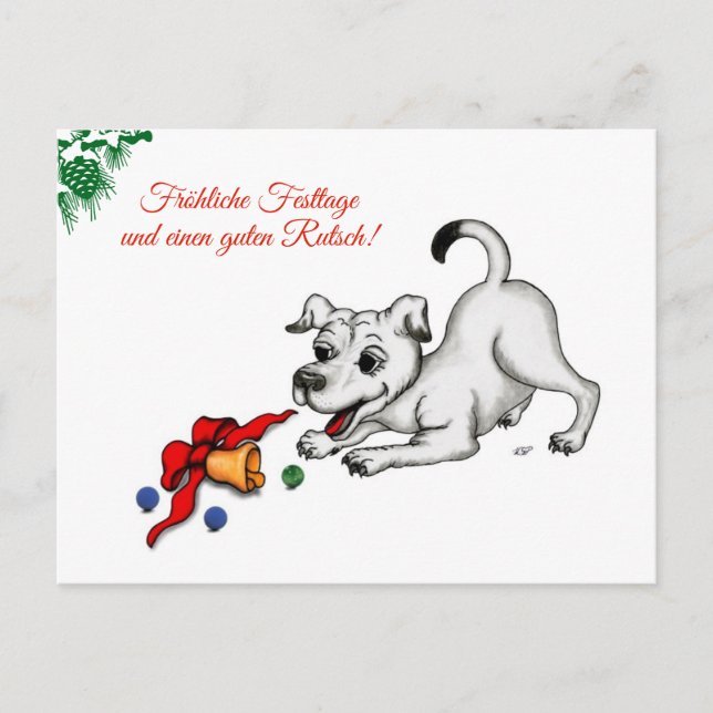 Postal auf Deutsch Weihnachten mit Welpe Glocke und Ball (Anverso)