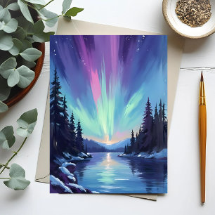 Postal Aurora boreal Acuarela de la luz del norte