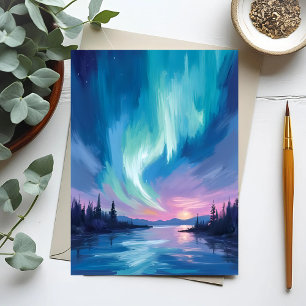 Postal Aurora Boreal Invierno Acuarela