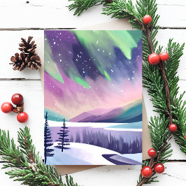 Postal Aurora boreal noche de invierno colorida | Acuarel