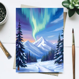 Postal Aurora boreal paisaje montañoso de invierno acuare