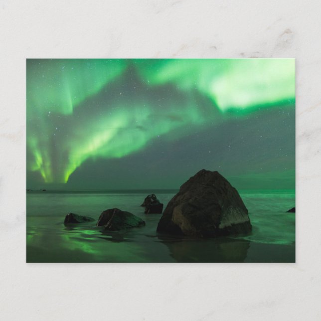 Postal Aurora boreal | Playa Lofoten Noruega (Anverso)