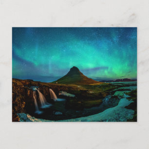 Postal Aurora Borealis En La Montaña Kirkjufall En Island