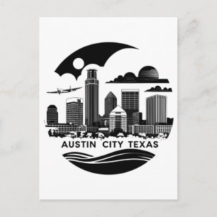 Postal Austin City Texas Skyline Retro Arte Blanco y Negr