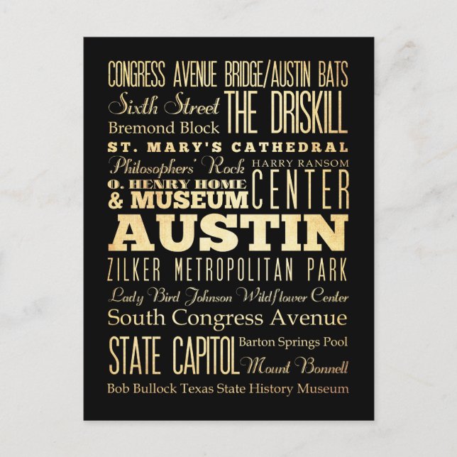 Postal Austin City, Texas State Typography Art (Anverso)