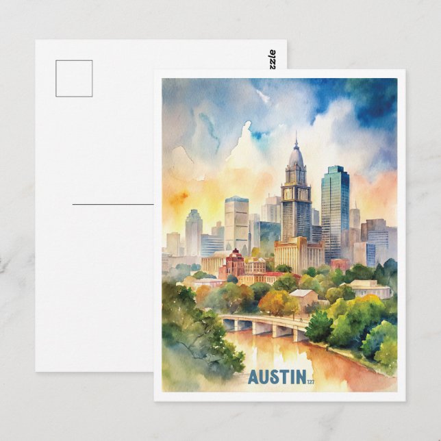 Postal Austin City Watercolor Painting (Anverso / Reverso)