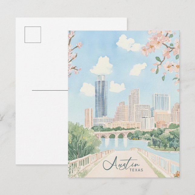 Postal Austin Texas Gouache Paint Ilustracion Viaje (Anverso / Reverso)