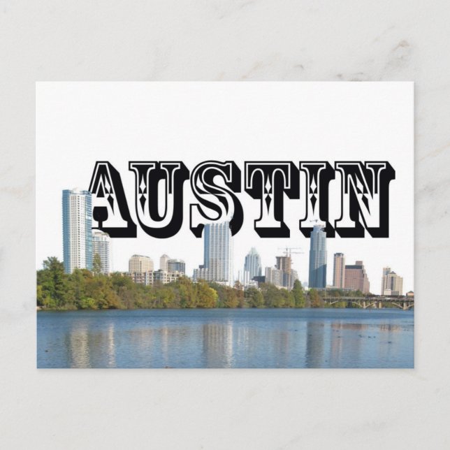 Postal Austin Texas Skyline con Austin en el cielo (Anverso)