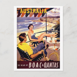 Postal Australia, pareja disfruta en terraza, viaje vinta