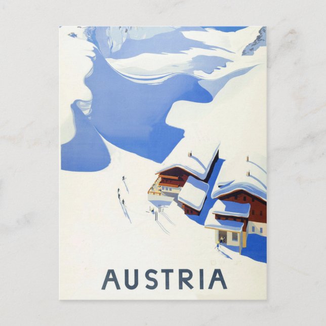 Postal Austria, esquí, cabaña en montañas el invierno (Anverso)