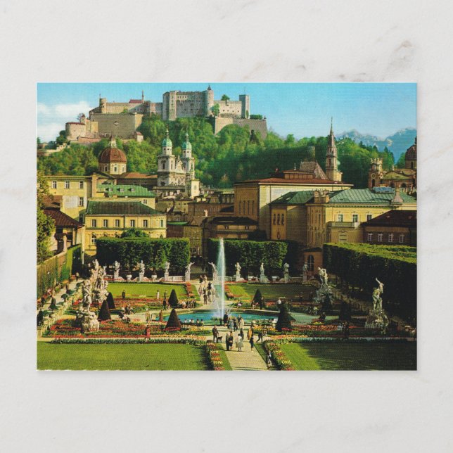 Postal Austria, Salzburg, castillo y jardines (Anverso)