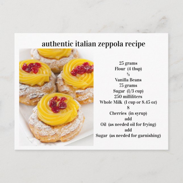 Postal Auténtica receta italiana de Zeppola (Anverso)