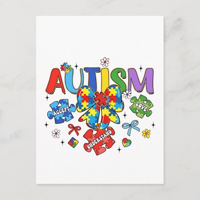Postal Autismo Conciencia Bow Coquette Puzzle Piece Neuro (Anverso)
