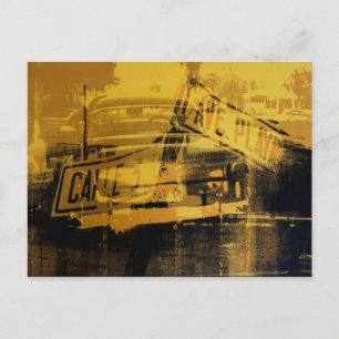 Postal Auto amarillo y Rótulo callejero