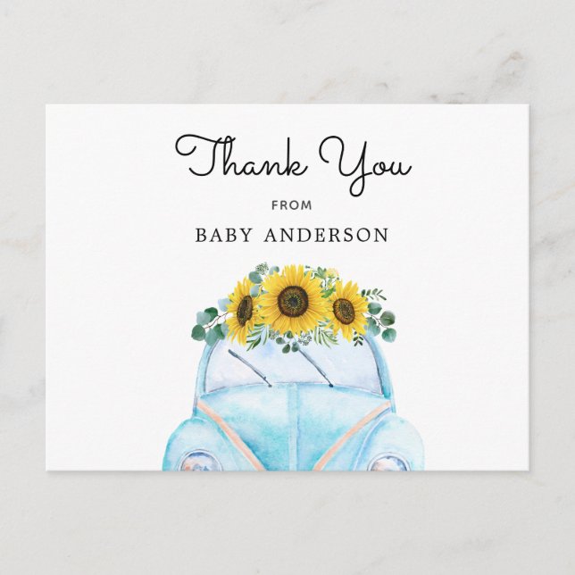 Postal Auto azul y girasoles gracias (Anverso)