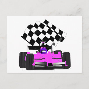 Postal Auto de carreras Girly Pink con bandera verificada