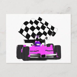 Postal Auto de carreras Girly Pink con bandera verificada