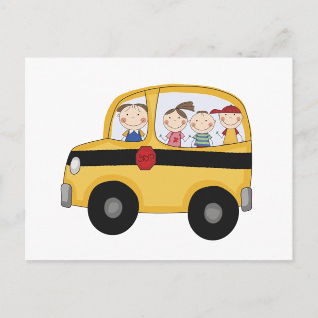 Postal Autobús escolar con camisetas y regalos para niños (Anverso)