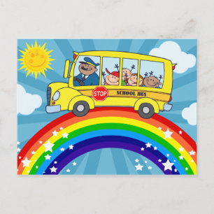 Postal Autobús escolar conduciendo en un arcoiris