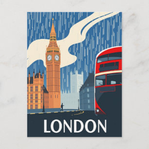 Postal Autobús Rojo y Big Ben de Londres, Viaje Vintage