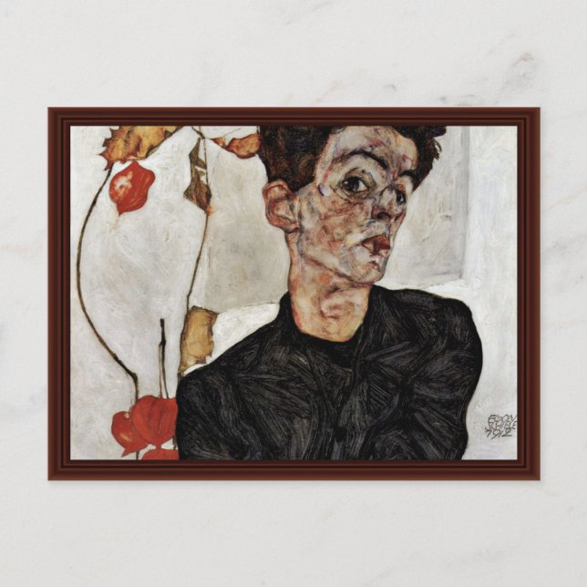 Postal Autoretrato Con Linterna De Frutas Por Schiele Ego (Anverso)